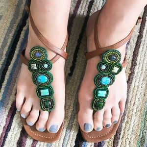 Sigerson Morrison Turquoise Beaded Stones T Strap